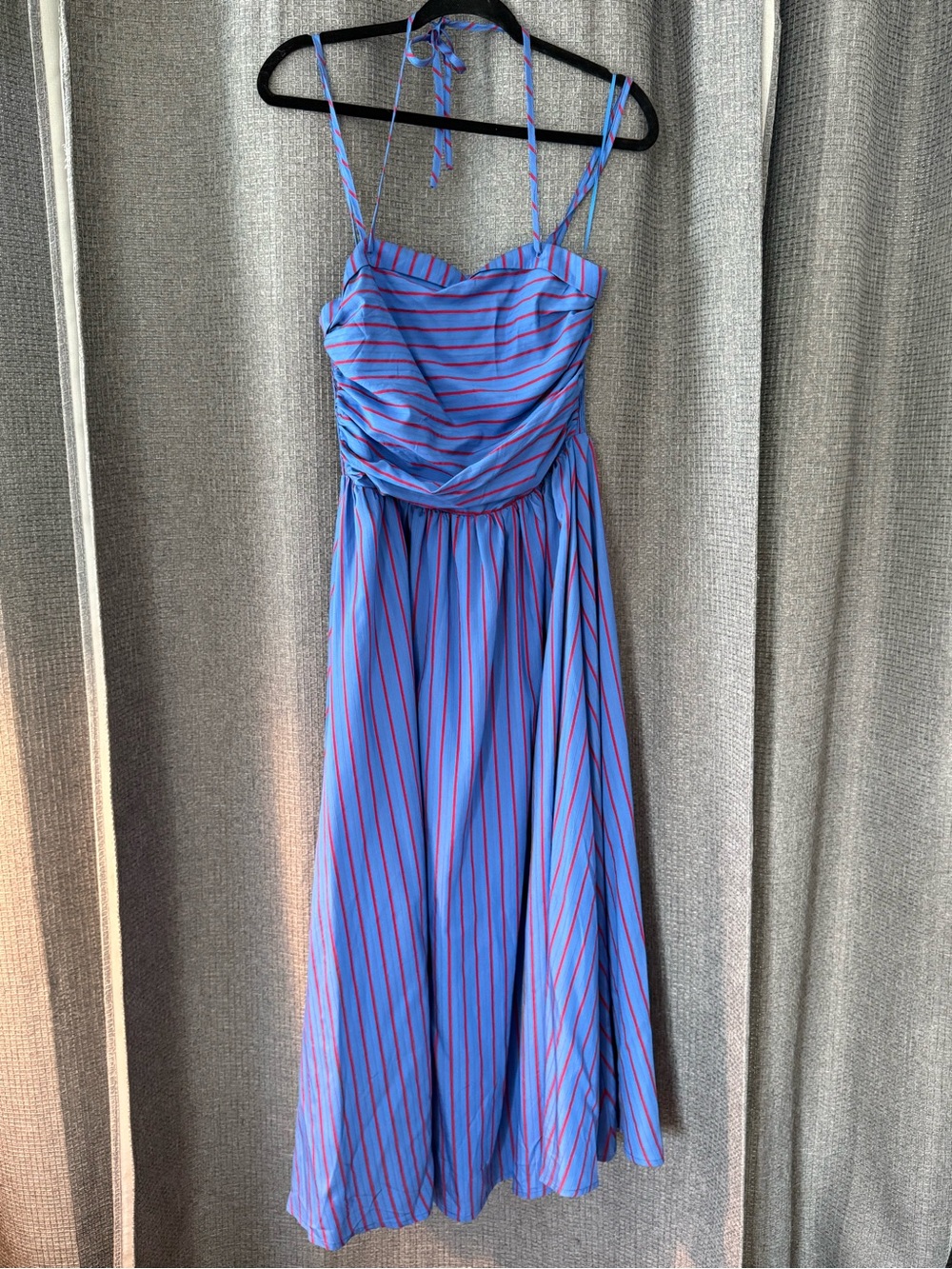 FRNCH Blue Maxi Dress with Red Pinstripes